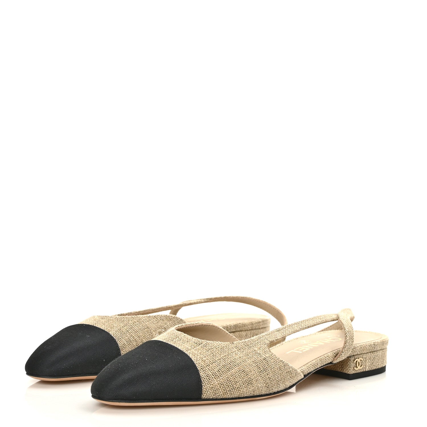 Chanel Fabric Grosgrain Cap Toe CC Slingback Flats 37 Light Beige Black 3 of 7