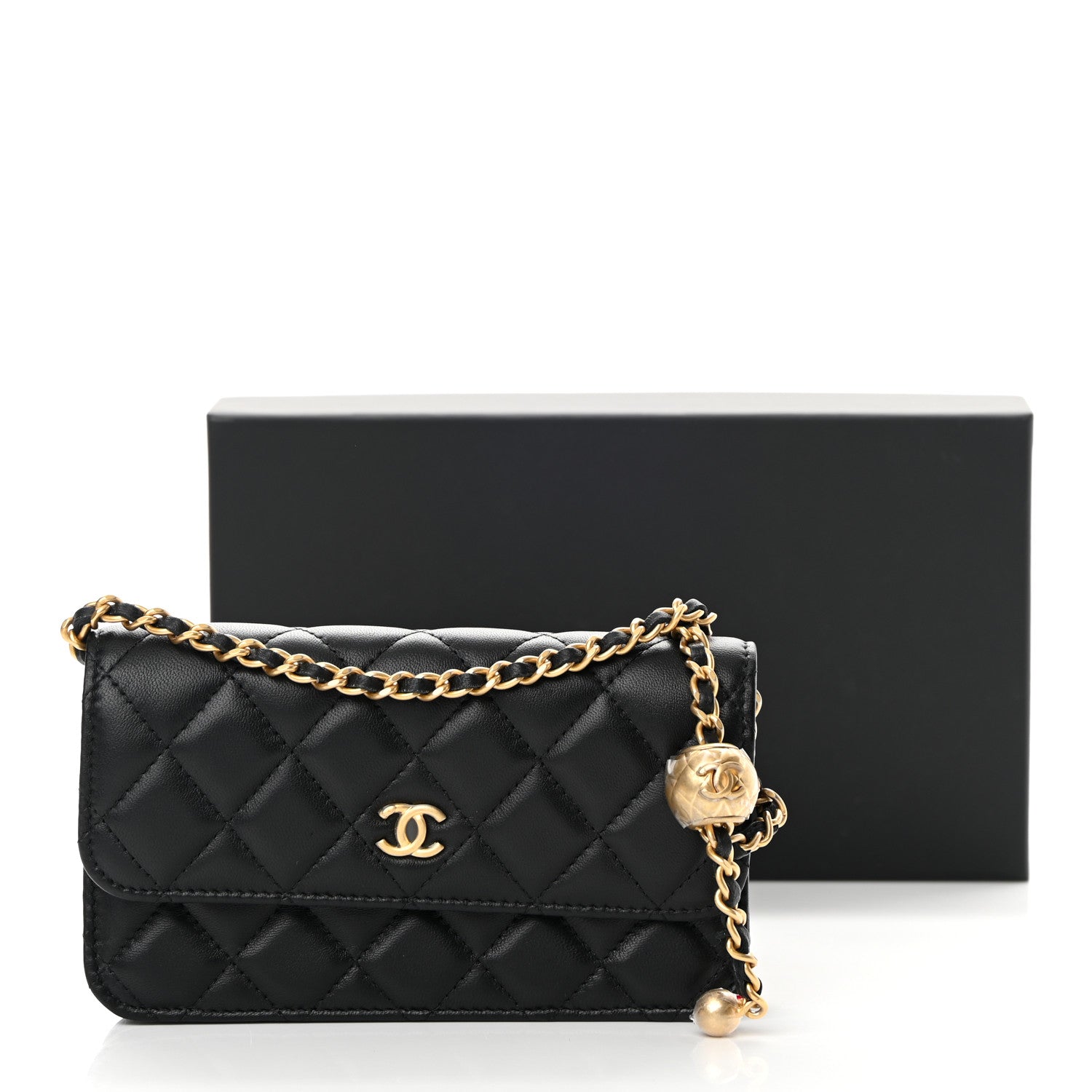 Chanel Lambskin Pearl Crush Quilted Flap Phone Holder With Chain Black 14 of 14