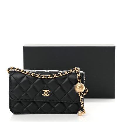 Chanel Lambskin Pearl Crush Quilted Flap Phone Holder With Chain Black 14 of 14