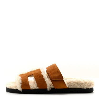 Hermes Suede Goatskin Woolskin Womens Chypre Sandals 37.5 Brun Fume Ecru 1 of 8