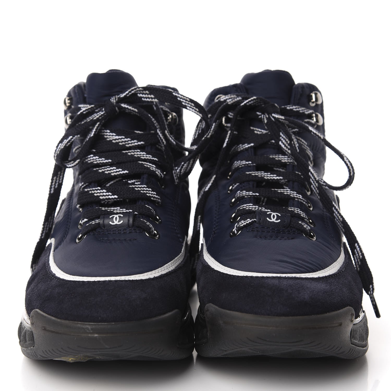 Chanel Fabric Calfskin Suede Womens CC Sneakers 37 Navy 2 of 9