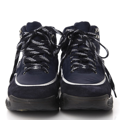 Chanel Fabric Calfskin Suede Womens CC Sneakers 37 Navy 2 of 9
