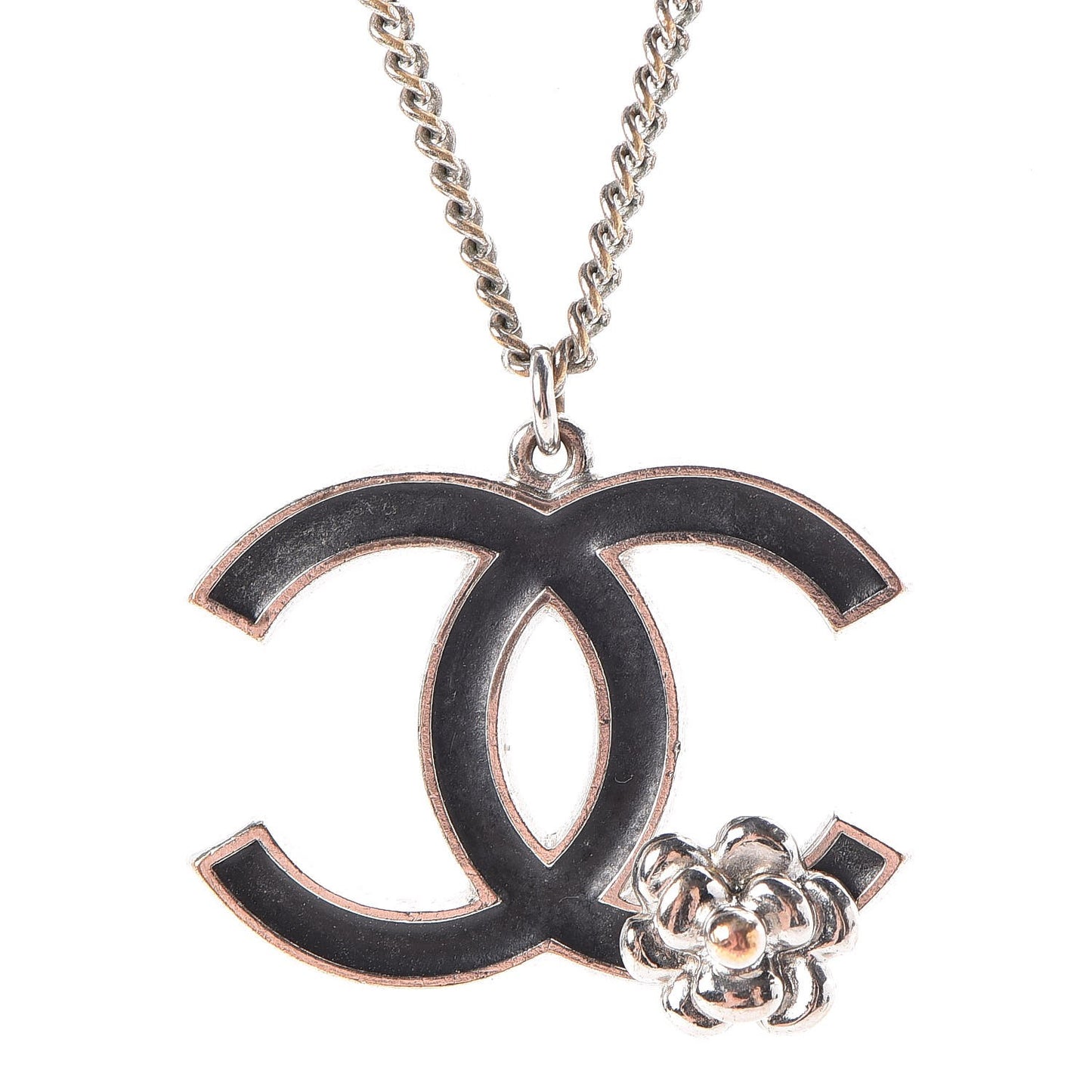 Enamel CC Camellia Necklace Silver Black