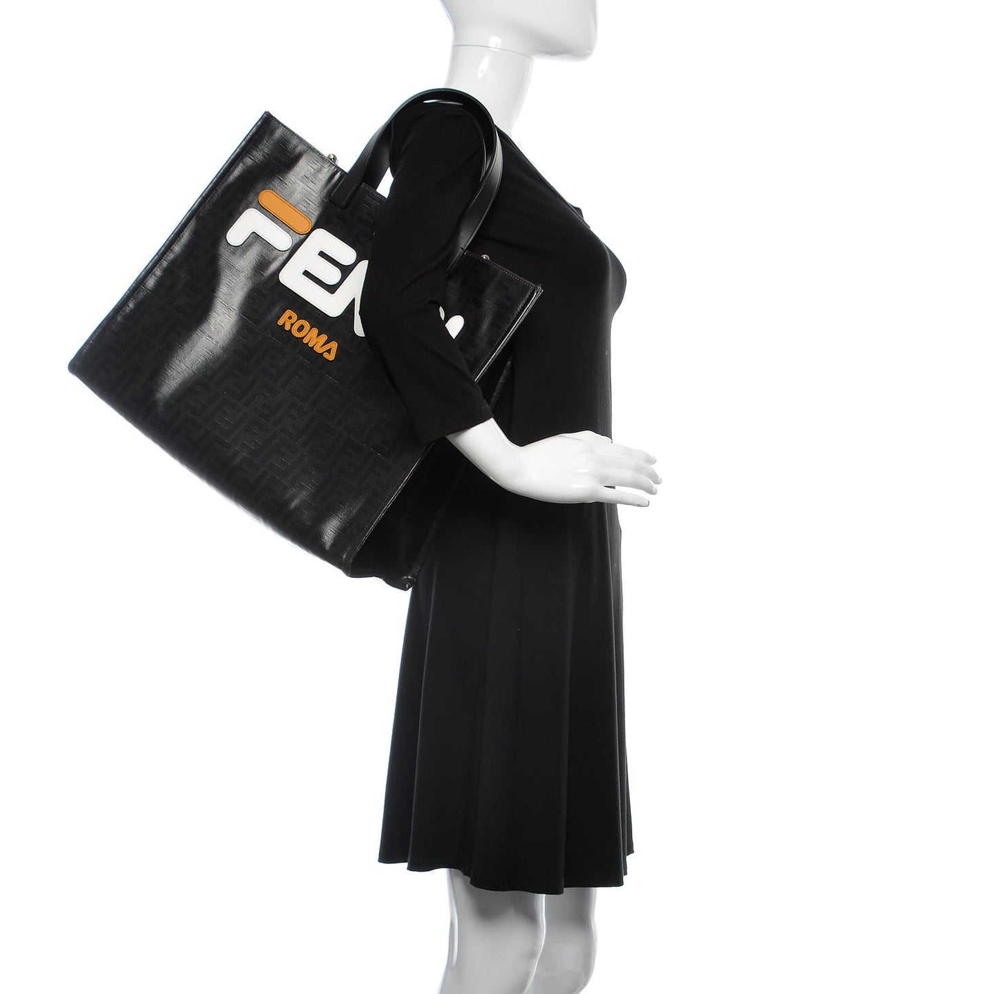 X FILA Glazed Fabric FF 1974 Mania Shopping Tote Bag Black White