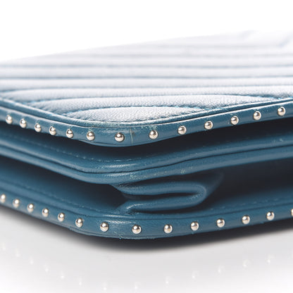 Chanel Lambskin Chevron Quilted Studded Wallet On Chain WOC Blue 10 of 17