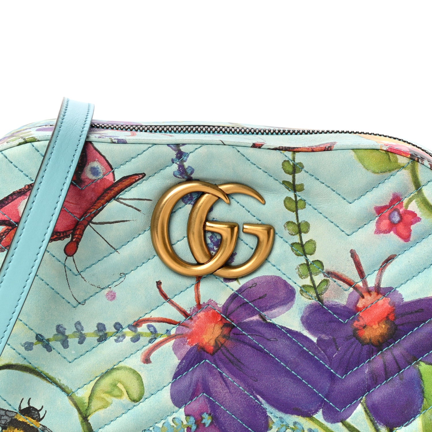 Gucci X UNSKILLED WORKER Calfskin Matelasse Flora Painted Small GG Marmont Chain Shoulder Bag Cloudy Blue Multicolor 9 of 14