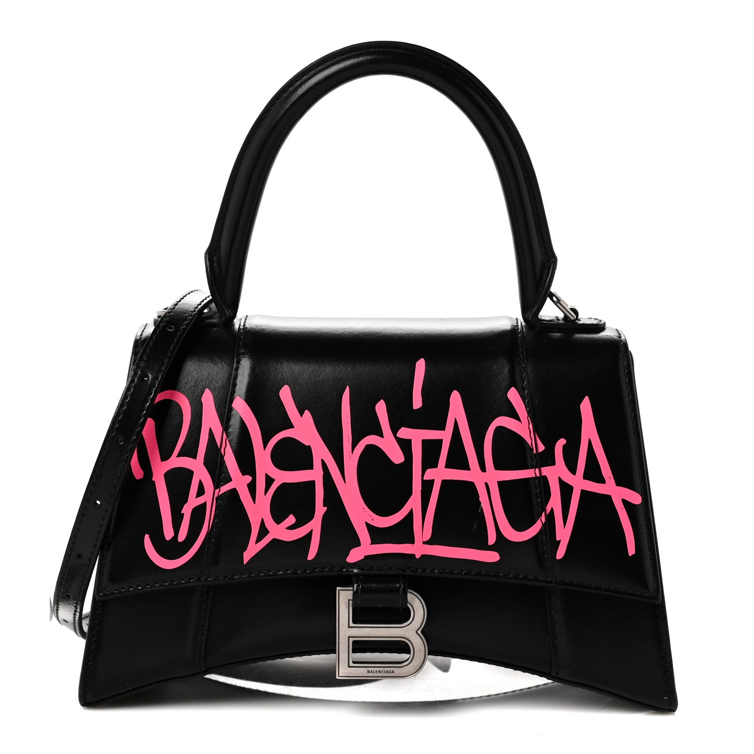 Balenciaga Shiny Box Calfskin Graffiti Logo Small Hourglass Top Handle Bag Black Pink 1 of 9