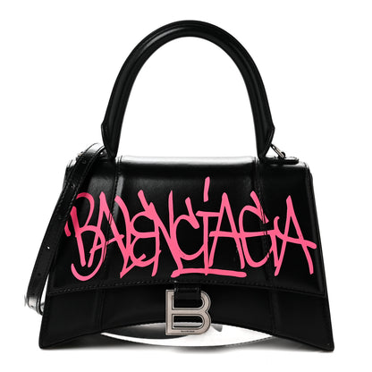 Balenciaga Shiny Box Calfskin Graffiti Logo Small Hourglass Top Handle Bag Black Pink 1 of 9