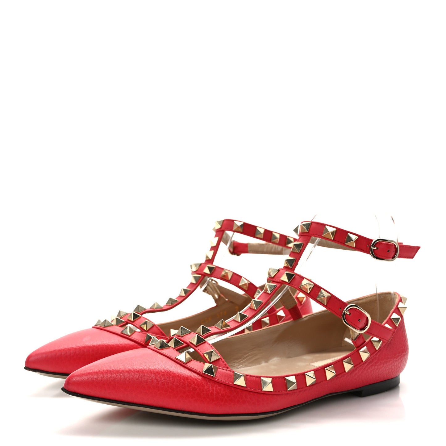 Pebbled Calfskin Rockstud Cage Ballerina Flats 37 Red