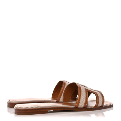 Hermes Calfskin Canvas Oran Sandals 39 Noisette Beige Dore 4 of 9