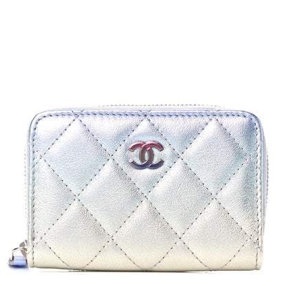 Chanel Gradient Metallic Calfskin Quilted Zip Around Coin Purse Wallet Silver Blue Yellow Purple 1 of 10