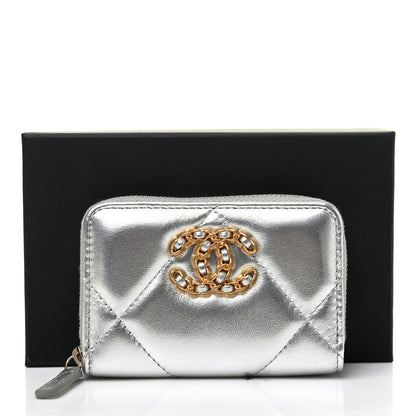 Chanel Metallic Goatskin Quilted Chanel 19 Zip Around Coin Purse Wallet Silver 8 of 8