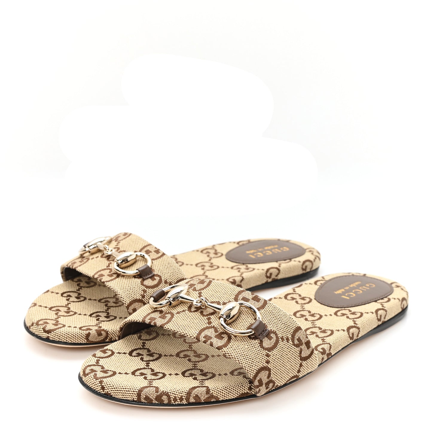 Monogram Horsebit Slide Sandals 37 Camel Ebony