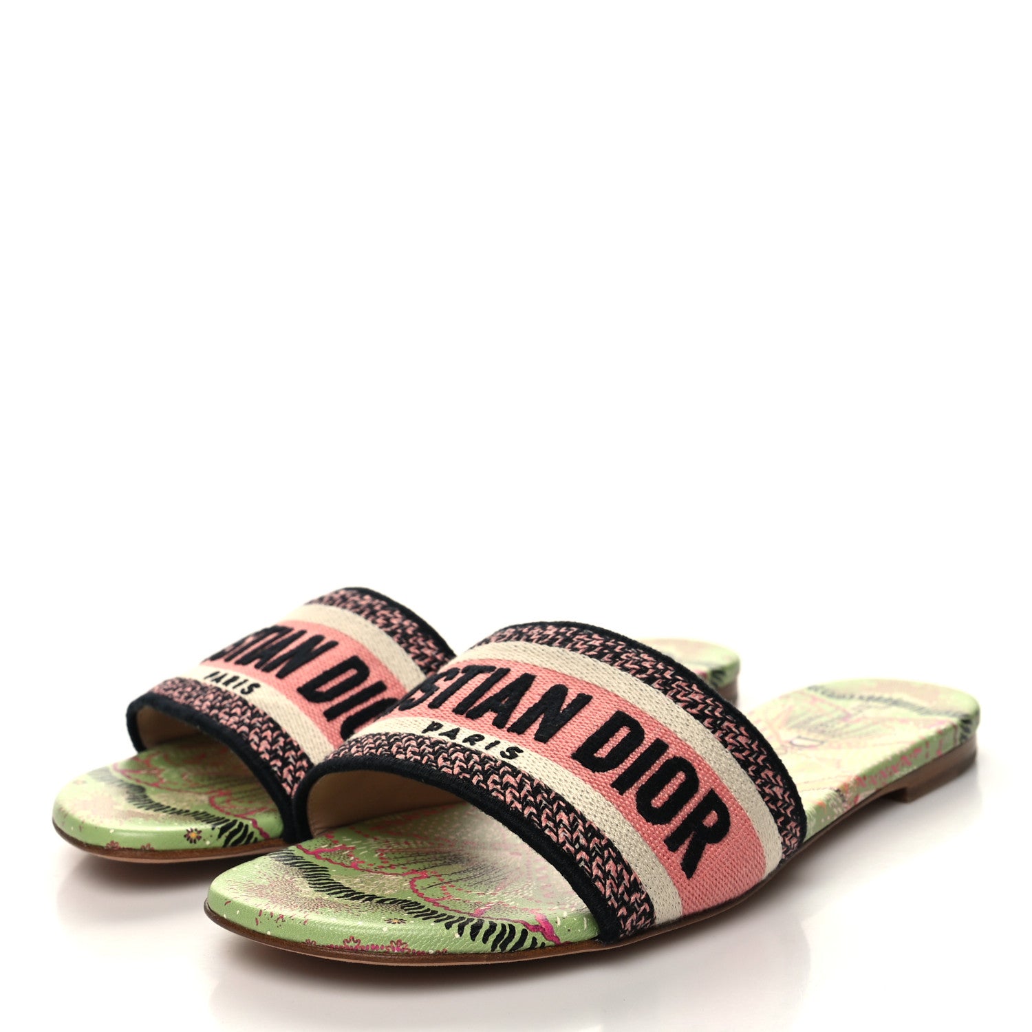 Christian Dior Canvas Embroidered In Lights Dway Mules Slide Sandals 37.5 Green Pink 3 of 8