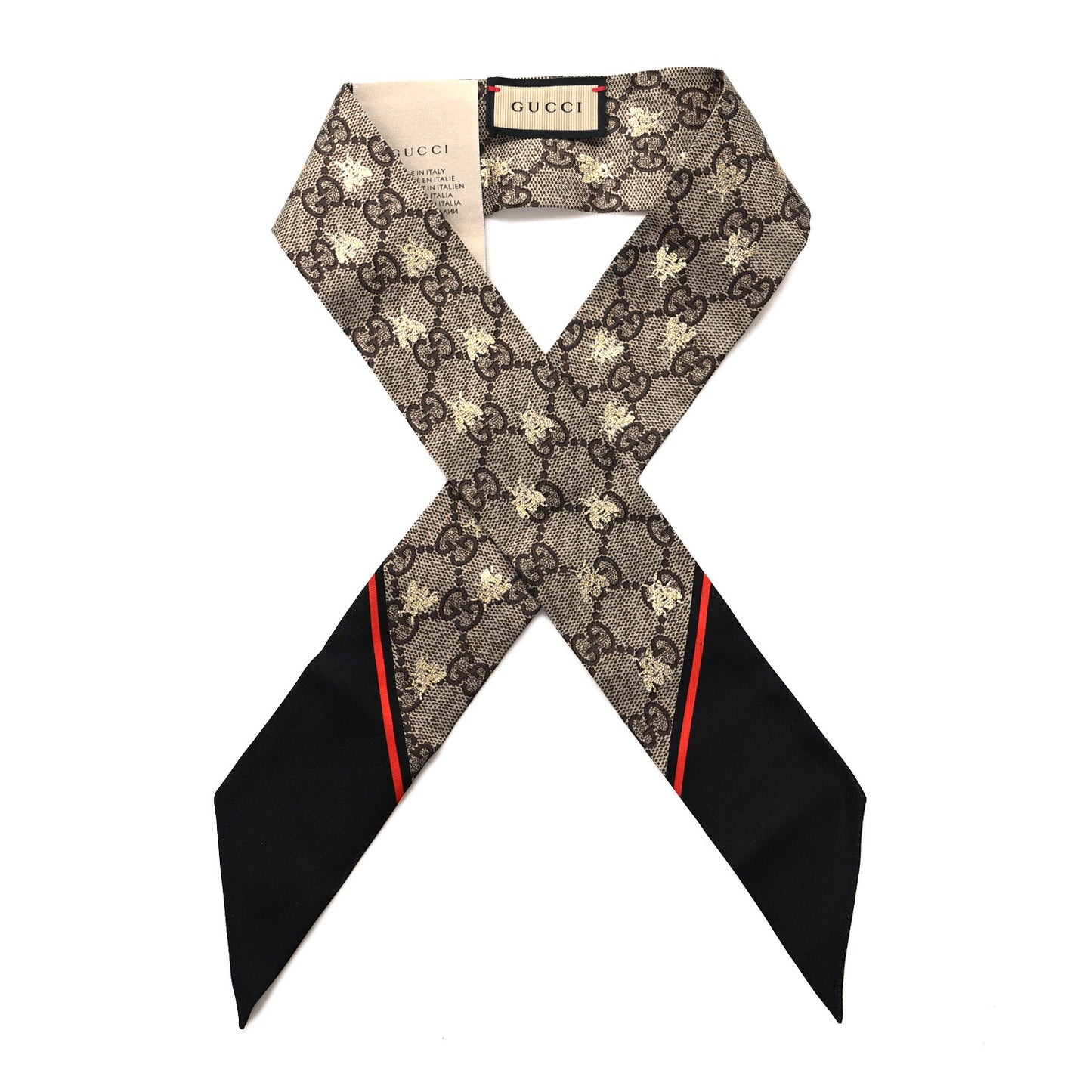 Silk Twill GG Monogram GG Bee Neck Bow Scarf Black Red