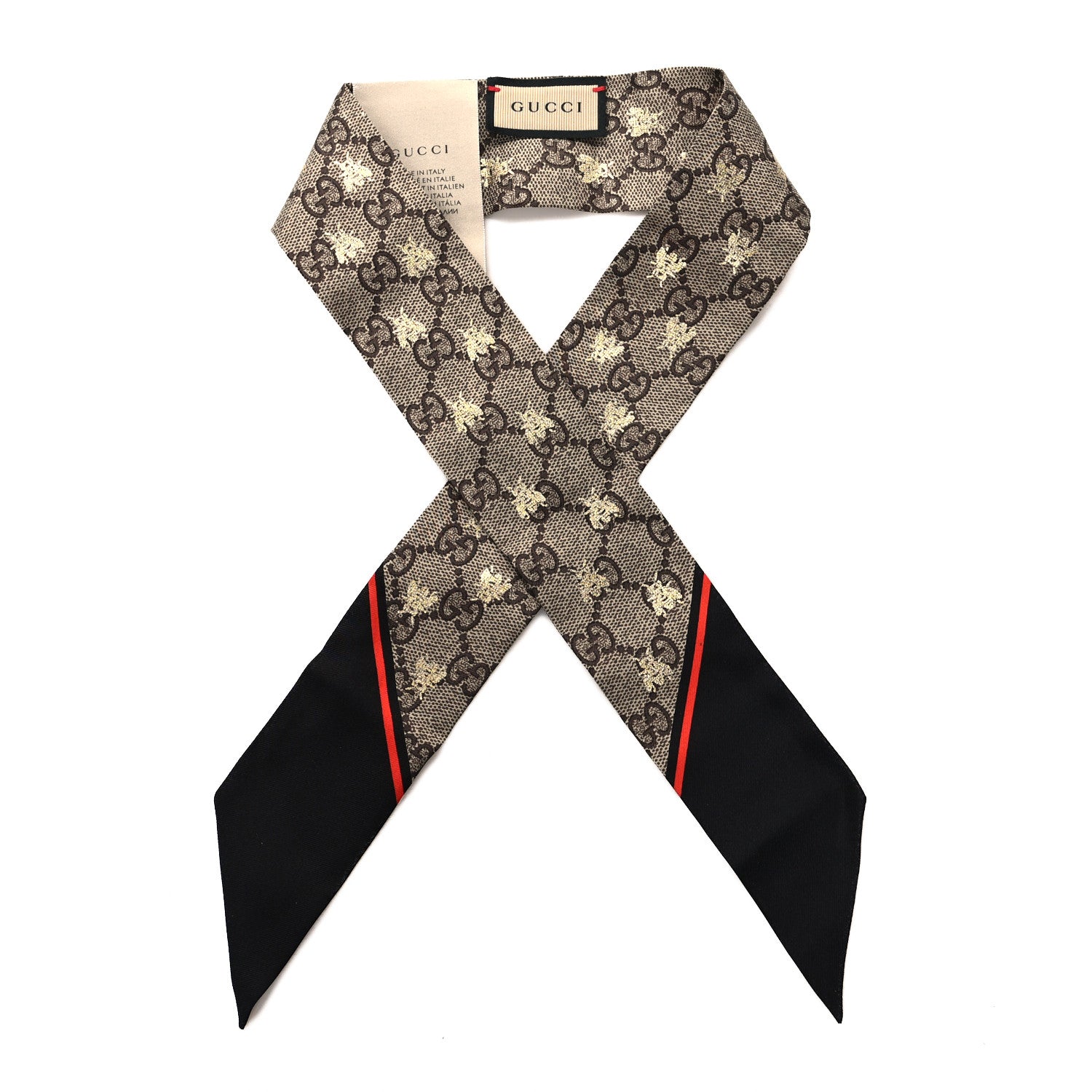 Gucci Silk Twill GG Monogram GG Bee Neck Bow Scarf Black Red 1 of 3