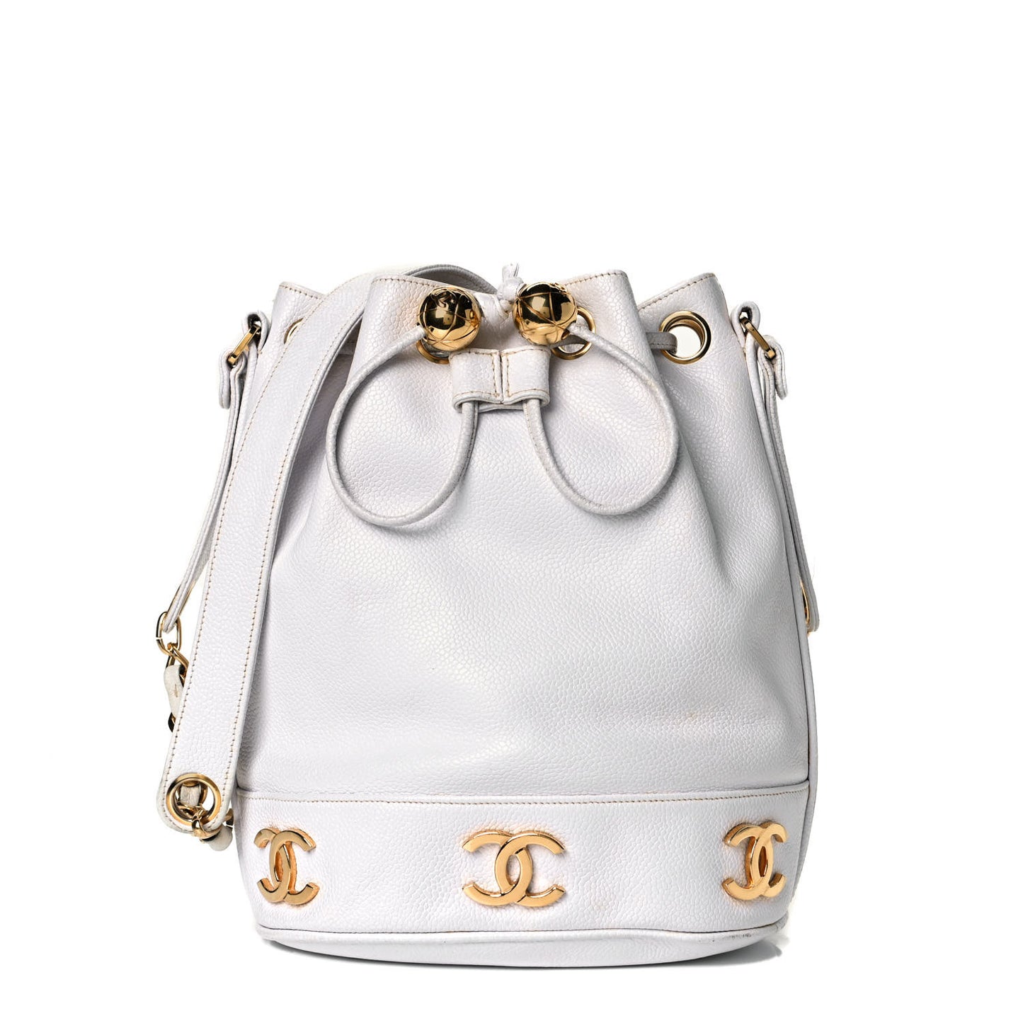 Caviar Drawstring Bucket Bag White