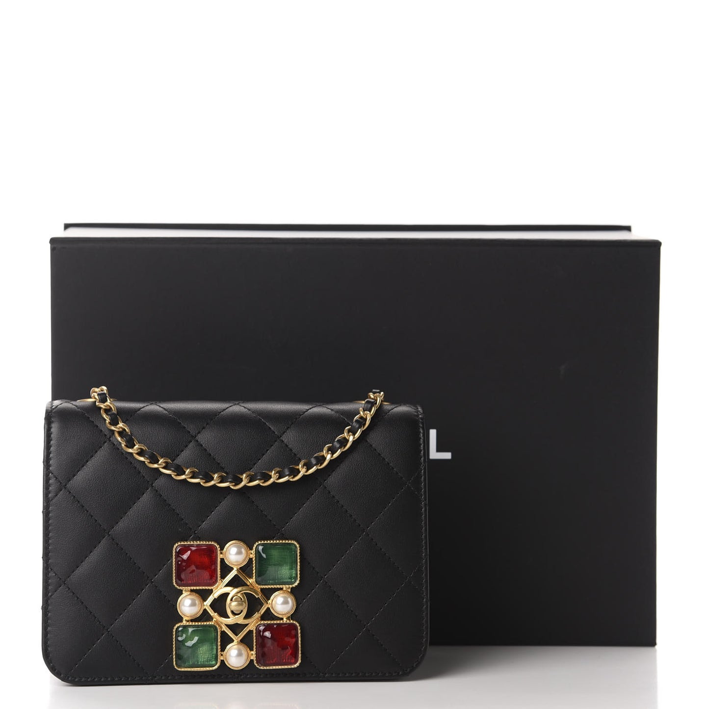 Calfskin Quilted Crystal Pearl Small Flap Bag Black
