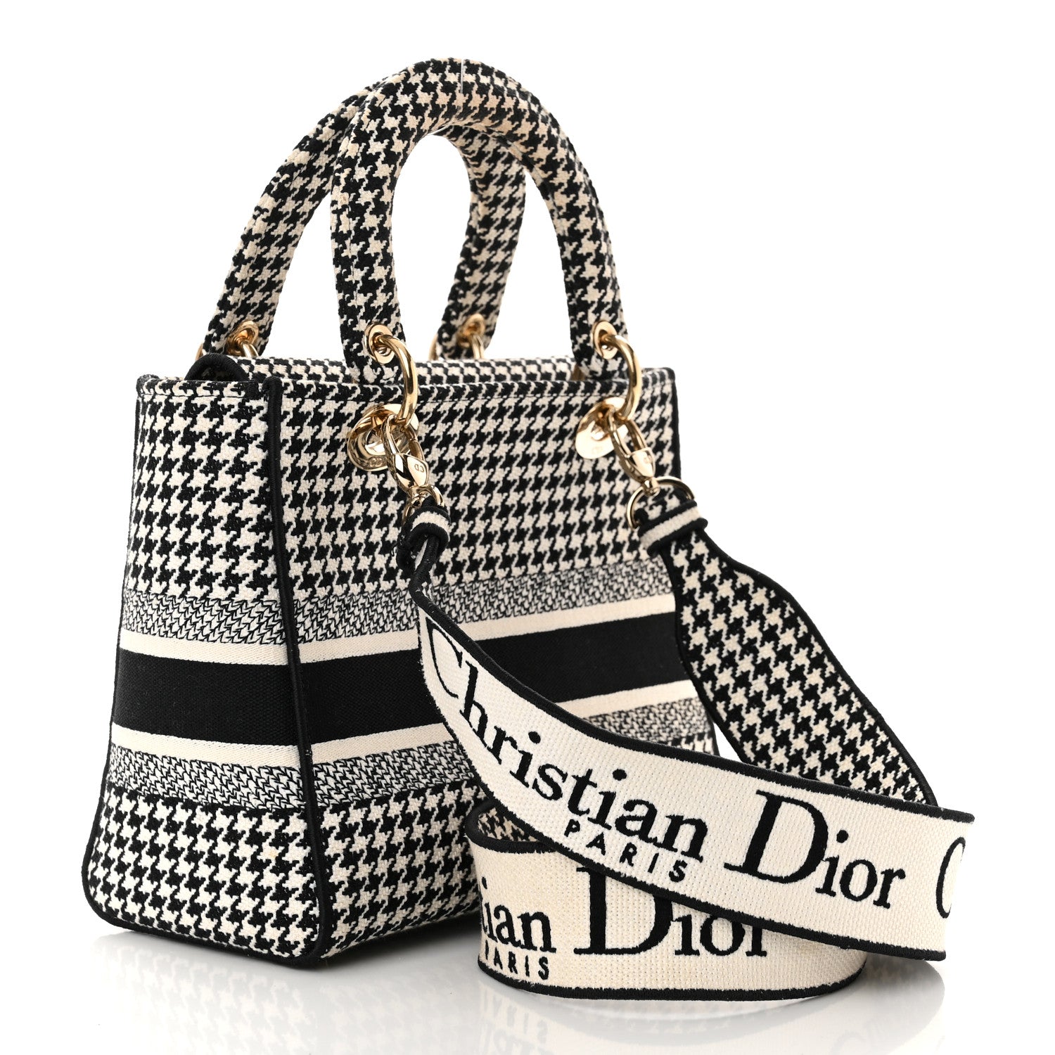 Christian Dior Canvas Houndstooth Embroidered Medium Lady D-Lite Black White 3 of 9