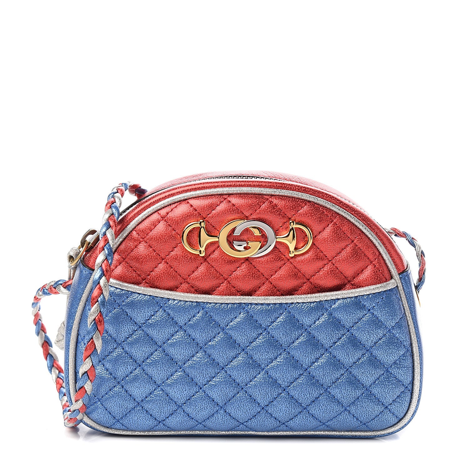 Gucci Laminated Nappa Trapuntata Mini Zumi Dome Shoulder Bag Rosso Marine Argento 1 of 9