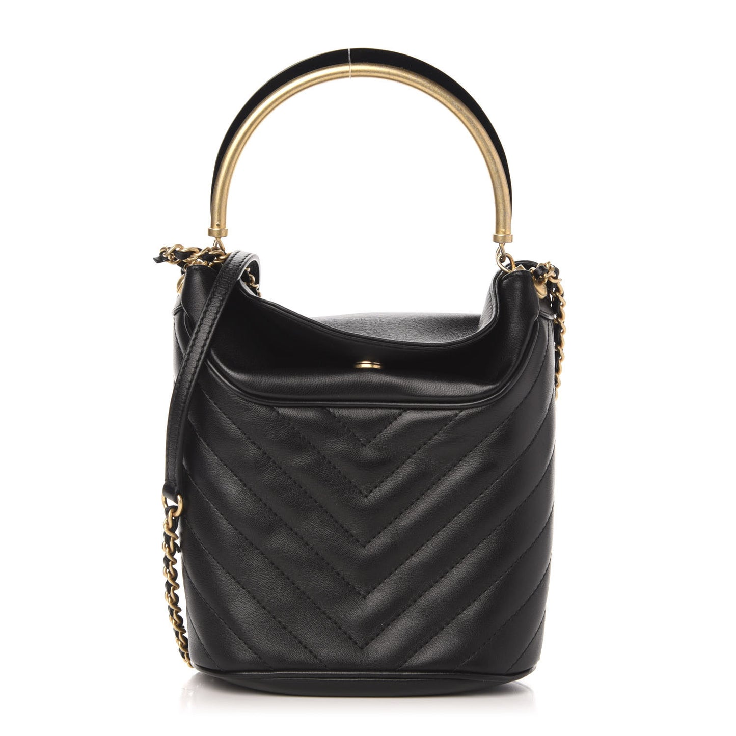 Lambskin Chevron Quilted Handle With Chic Bucket Bag Black