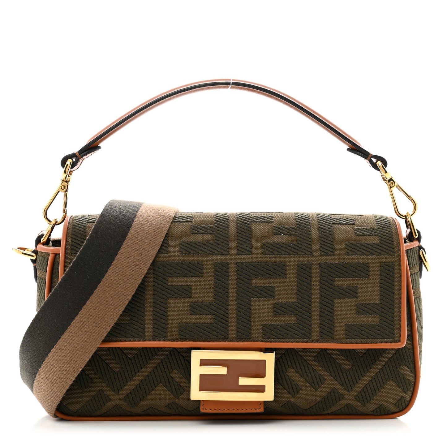 Canvas Vitello King FF Embroidered Baguette Amazzonia Cuoio