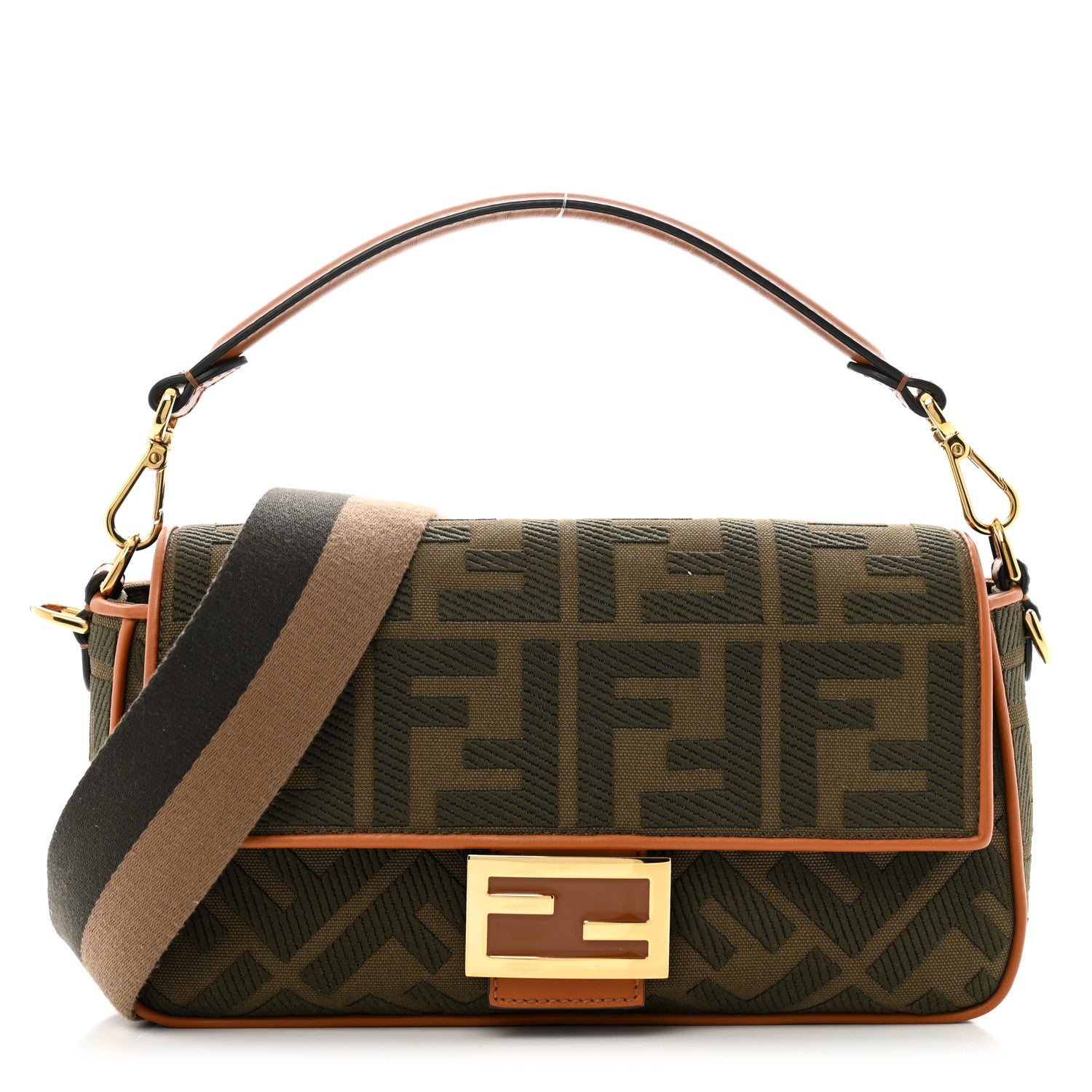 Fendi Canvas Vitello King FF Embroidered Baguette Amazzonia Cuoio 1 of 12