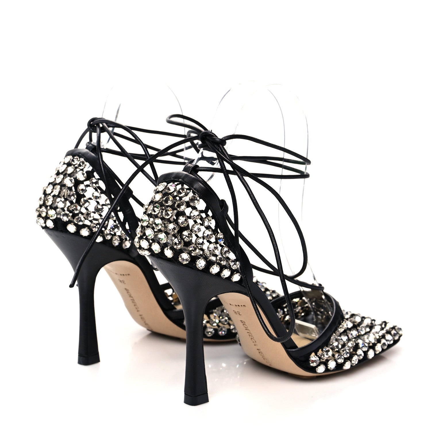Bottega Veneta Mesh Nappa Crystal Embellished Sparkle Stretch Ankle Tie Sandals 38 Black 4 of 9