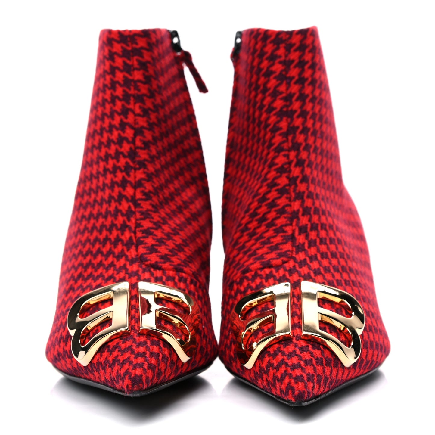 Wool Houndstooth BB Pointy Toe Ankle Booties 37.5 Red Black Gold
