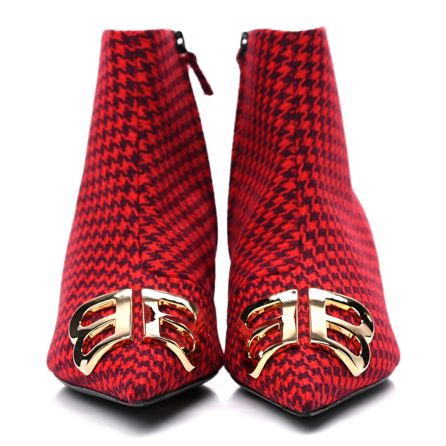 Balenciaga Wool Houndstooth BB Pointy Toe Ankle Booties 37.5 Red Black Gold 2 of 9