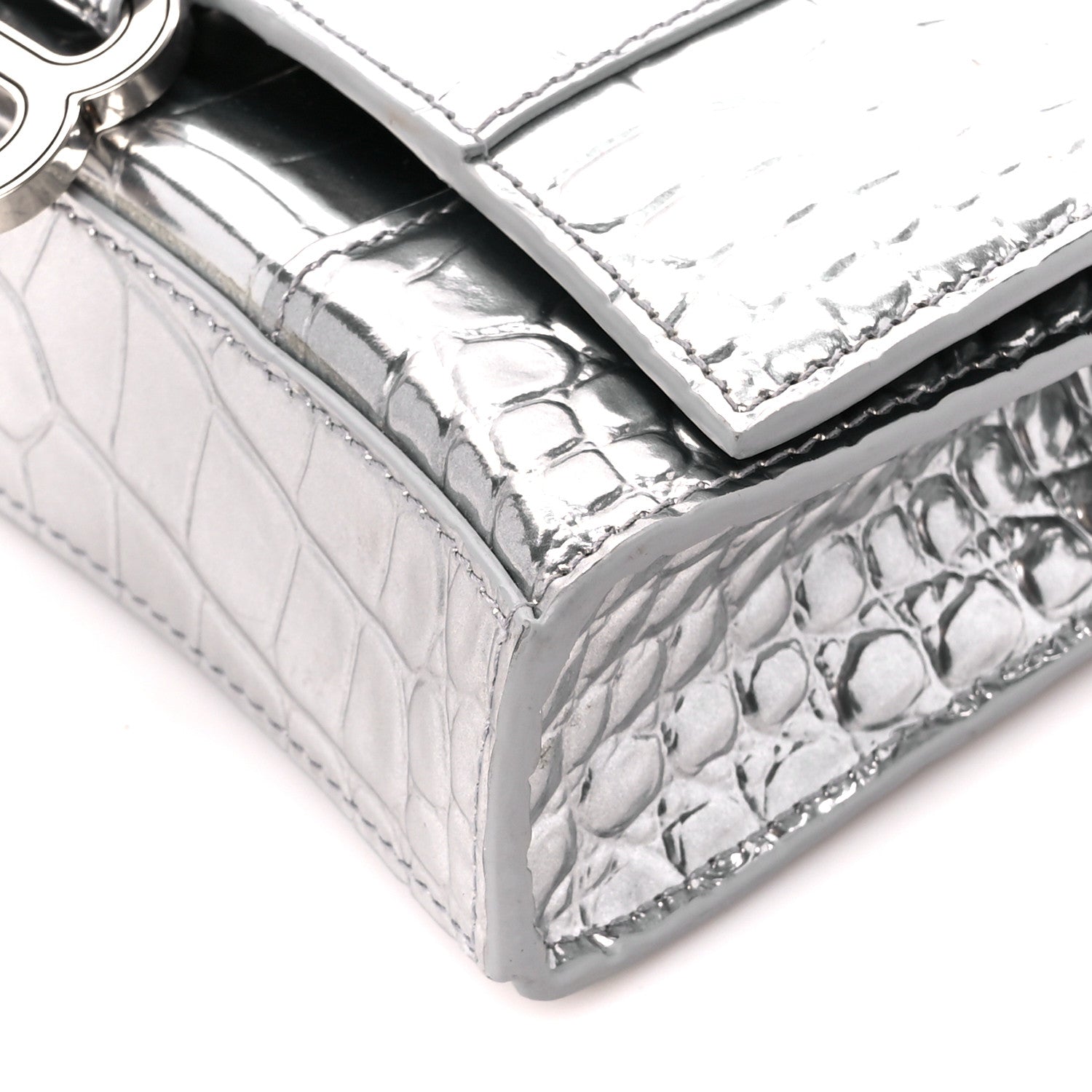 Balenciaga Metallic Calfskin Crocodile Embossed Hourglass Chain Bag Silver 10 of 11