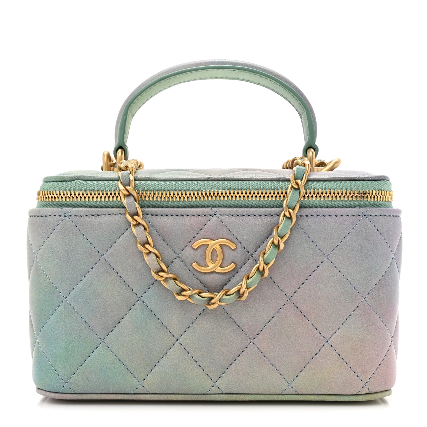 Lambskin Quilted Ombre Small Top Handle Vanity Case With Chain Blue Green