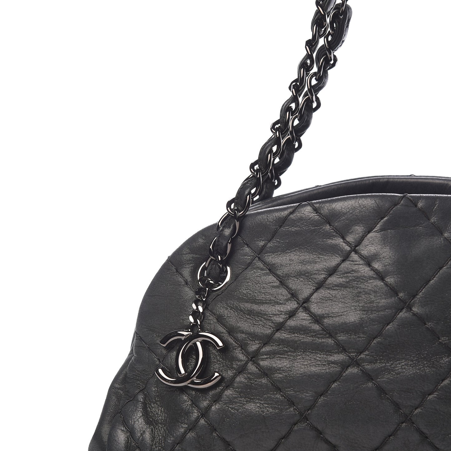Iridescent Calfskin Medium Just Mademoiselle Bowling Bag Black