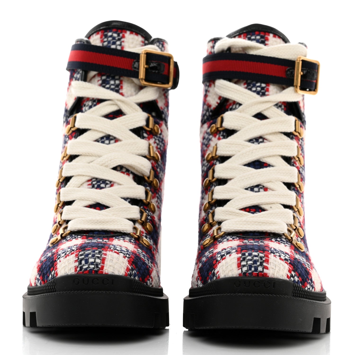 Gucci Vintage Tweed Check Lace Up Combat Ankle Boots 39 White Hibiscus Red Marine 2 of 9