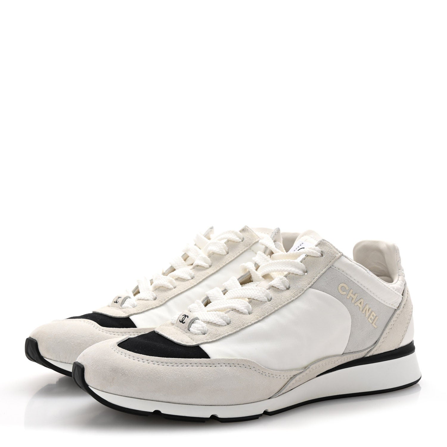 Chanel Nylon Suede Kidskin Calfskin Logo Sneakers 37 White Black 4 of 10