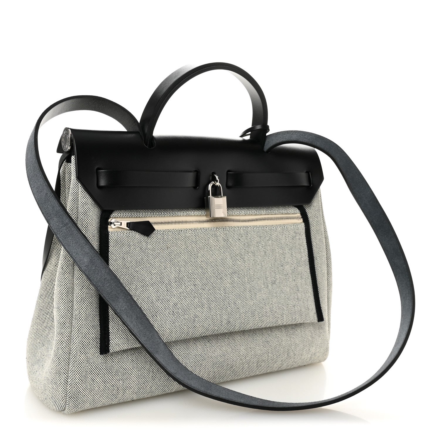 Hermes H Plume Canvas Vache Hunter Circuit Rider Hobnailed Herbag Zip Retourne 31 PM Black Ecru 4 of 11