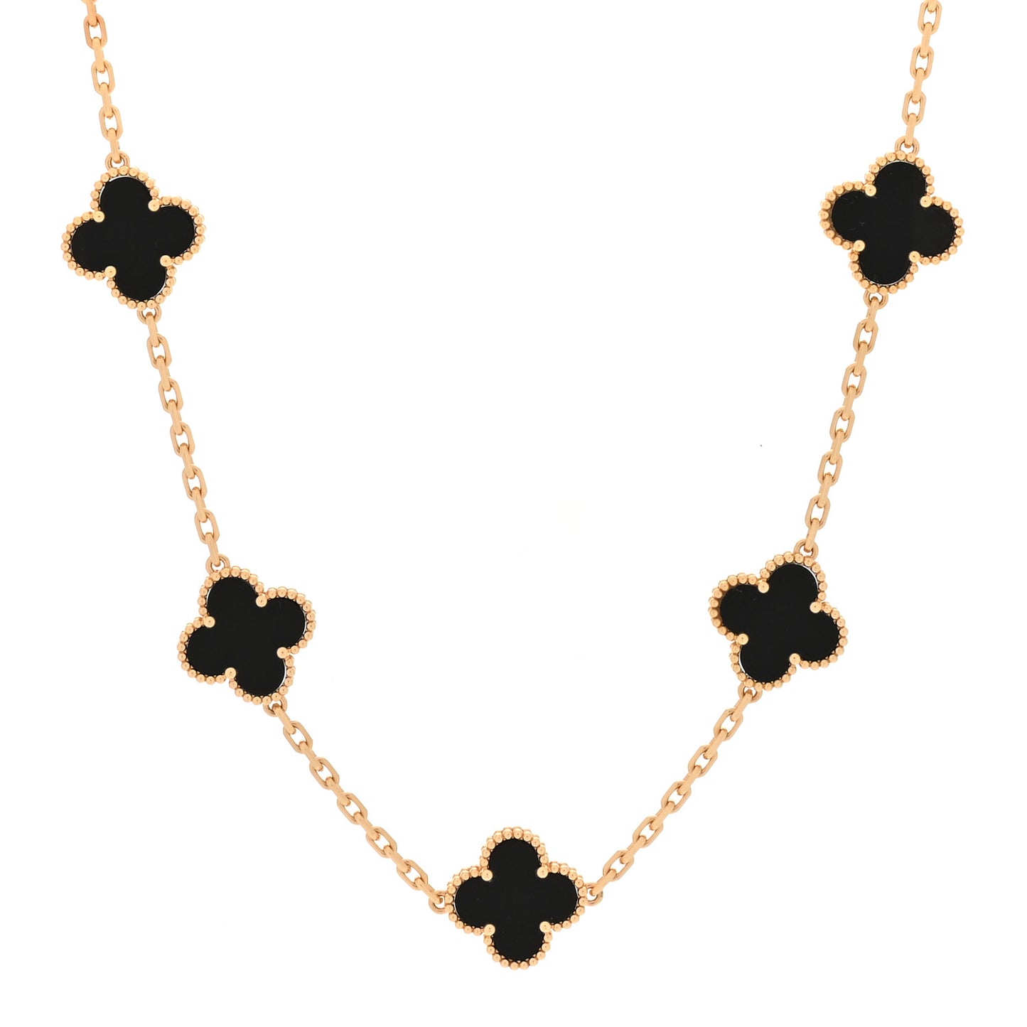 18K Yellow Gold Black Onyx 10 Motifs Vintage Alhambra Necklace