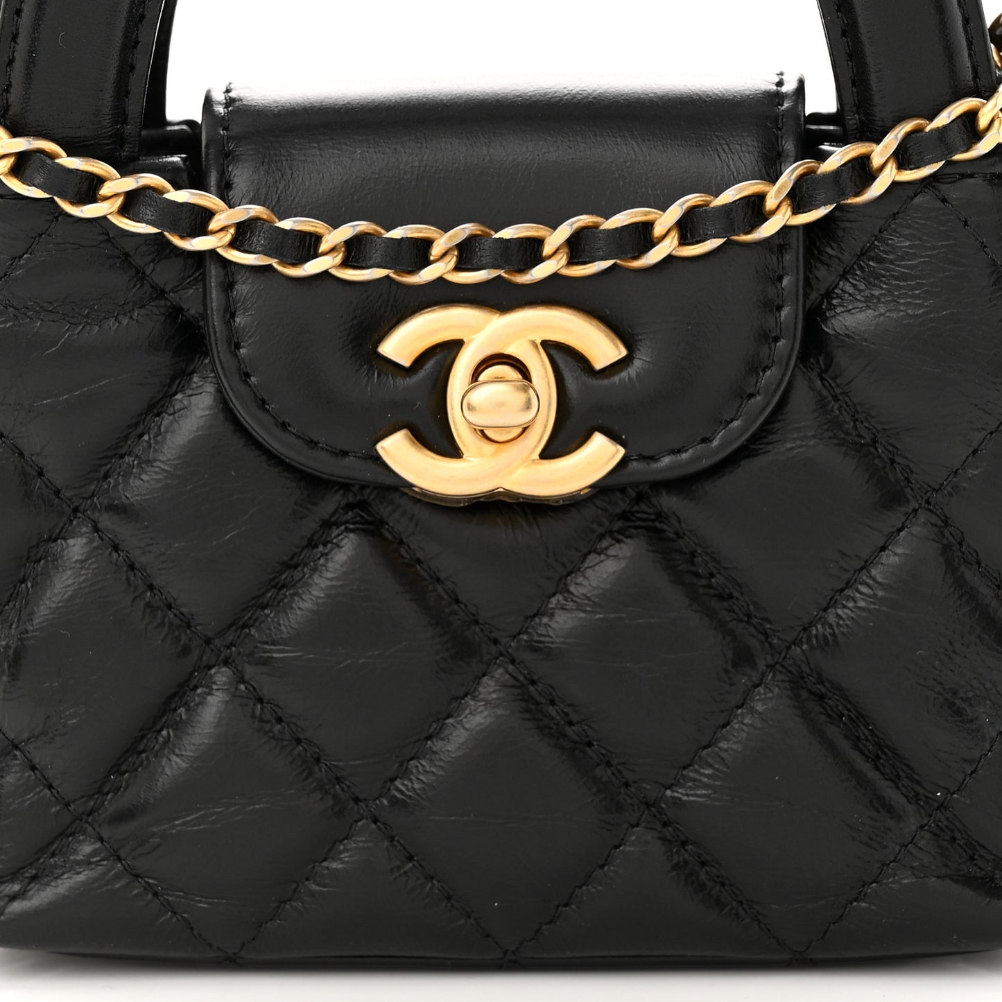 Shiny Aged Calfskin Quilted Mini Nano Kelly Shopper Black