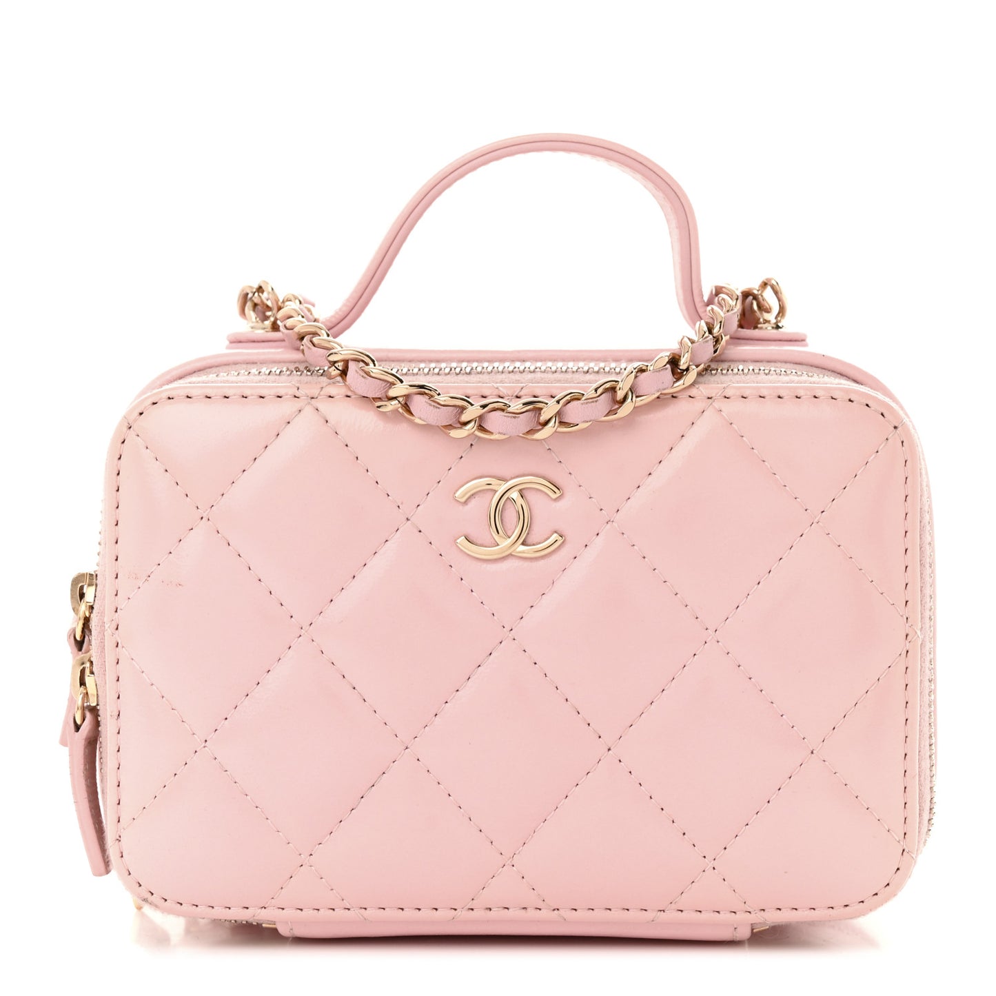 Glazed Calfskin Quilted Small Top Handle Vanity Case Light Pink