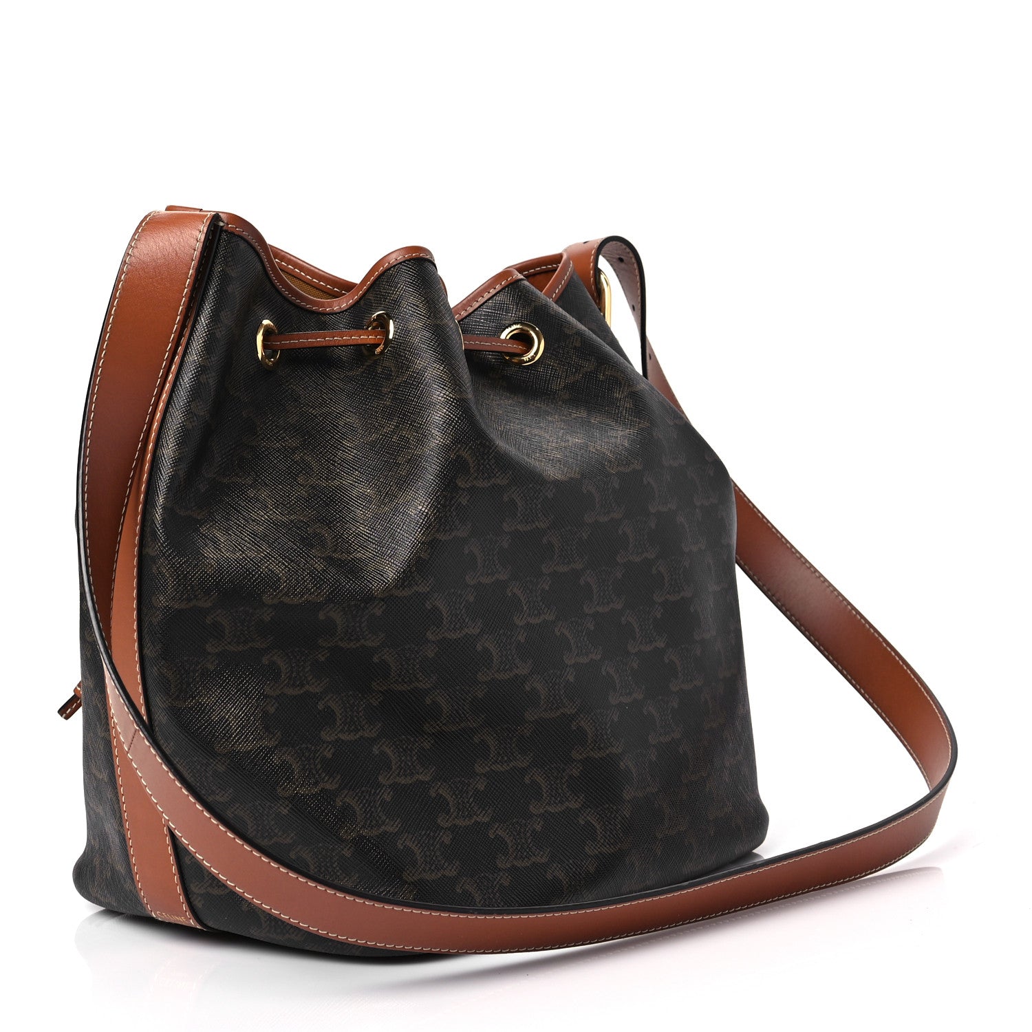 Celine Triomphe Canvas Calfskin Medium Drawstring Bucket Bag Tan 3 of 9