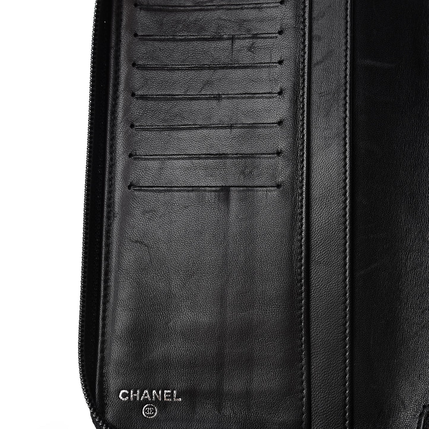 Lambskin Camellia Embossed Zip Around Organizer Wallet Black