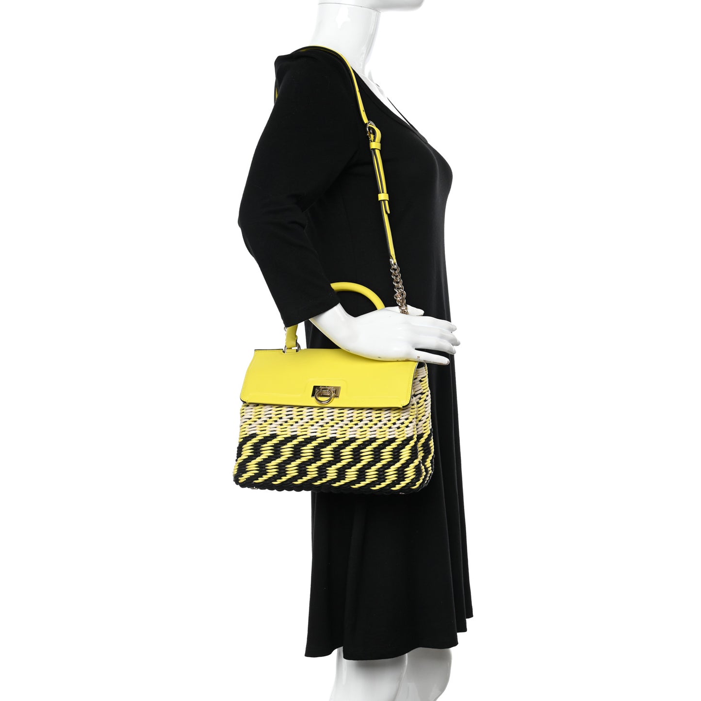 Woven Calfskin Trifolio Top Handle Bag Yellow Black