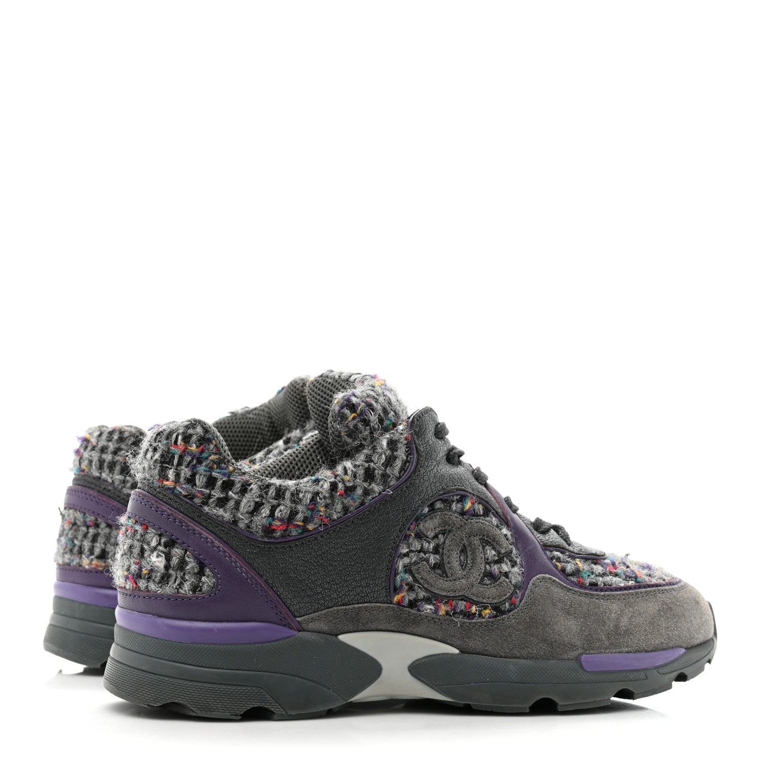 Chanel Suede Tweed Goatskin CC Sneakers 36 Grey Purple 5 of 9