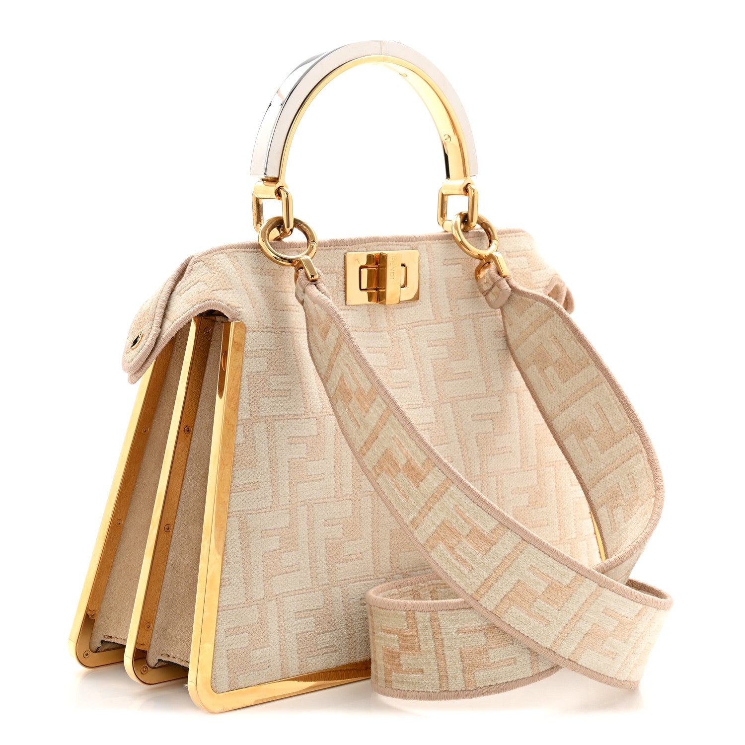 Fendi Chenille Suede Metal FF Small Peekaboo I SEE U Satchel Beige White 3 of 9