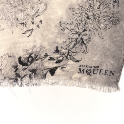 Alexander McQueen Cashmere Silk Floral Print Scarf Black White 4 of 5