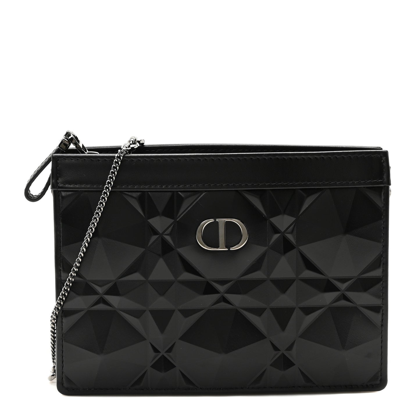 Calfskin Macrocannage Diamond Caro Zipped Pouch With Chain Black