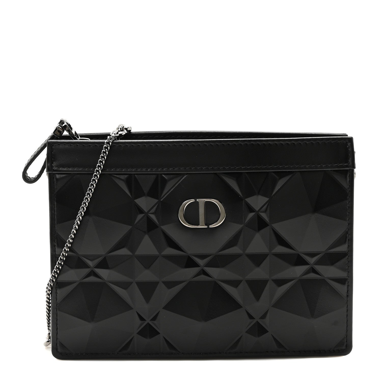 Christian Dior Calfskin Macrocannage Diamond Caro Zipped Pouch With Chain Black 1 of 10