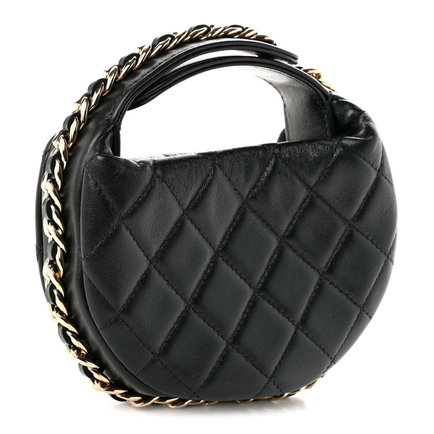 Lambskin Quilted Chain Around Pouch Hobo Black