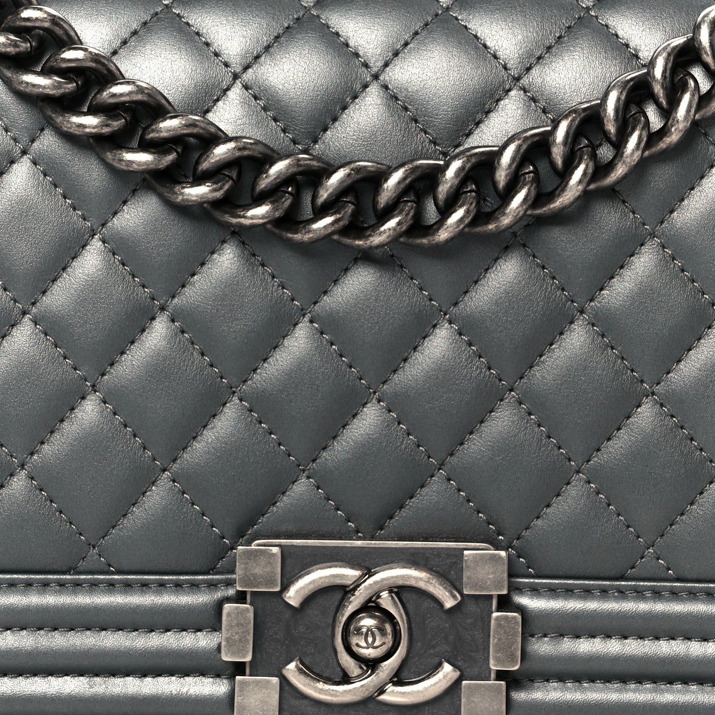 Metallic Calfskin Quilted Medium Boy Flap Dark Silver