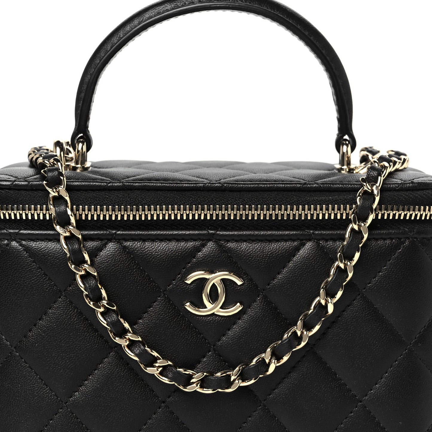 Lambskin Quilted Small Top Handle Vanity Case With Chain Black